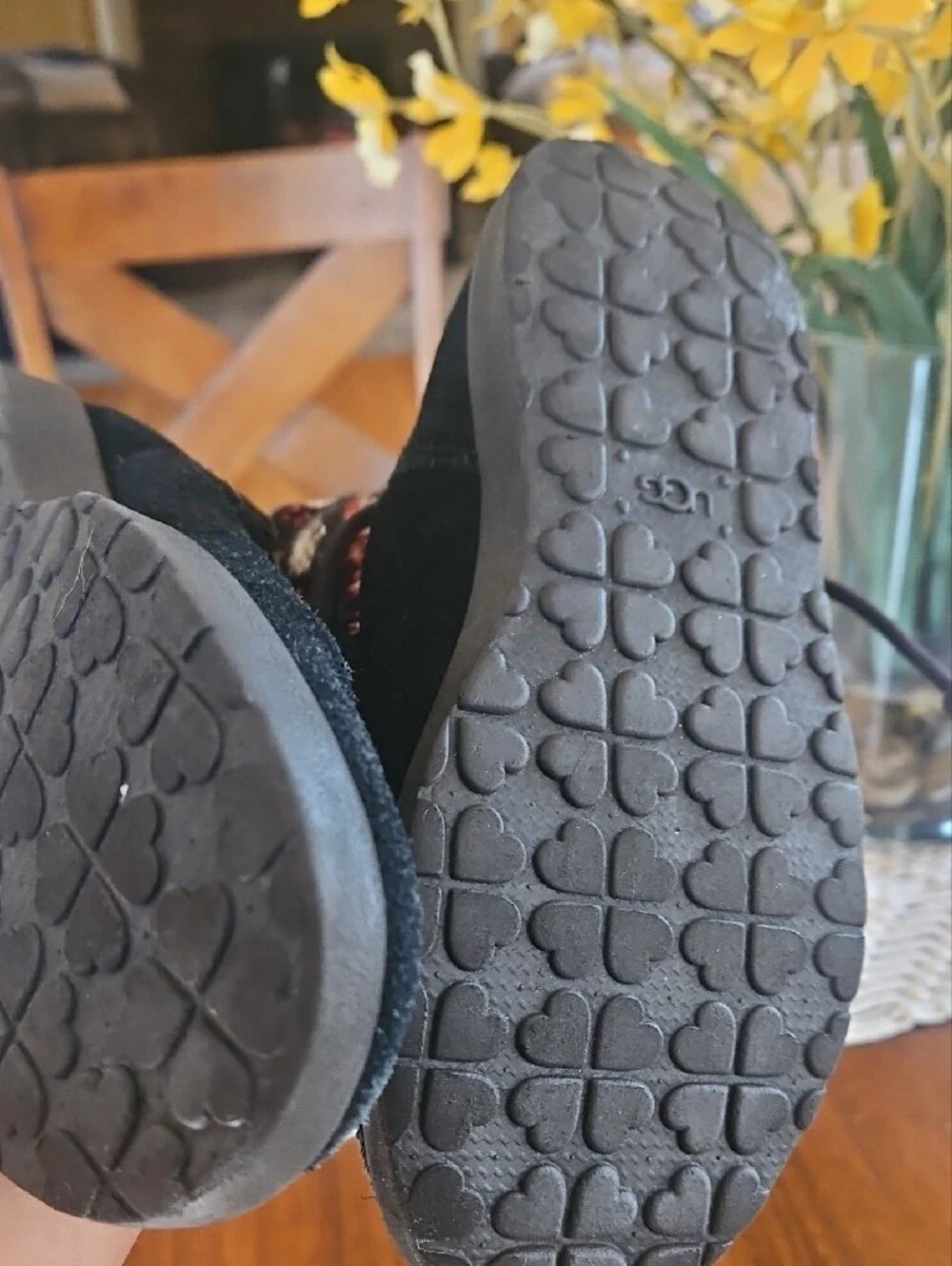UGG Kids Black Suede Knit-Cuff Boots with Cream and Red Pattern